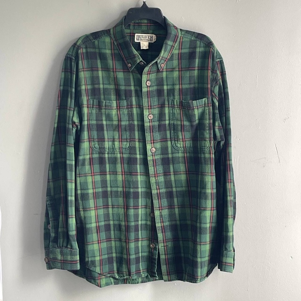 Duluth Trading Shacket Men XL Green Flannel Button Down Plaid 100% Cotton, Green